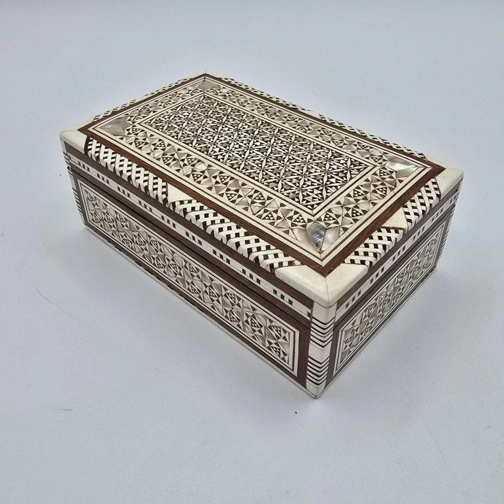 Vintage Turkish Mother of Pearl Inlay Wood Marquetry Jewelry Trinket Box